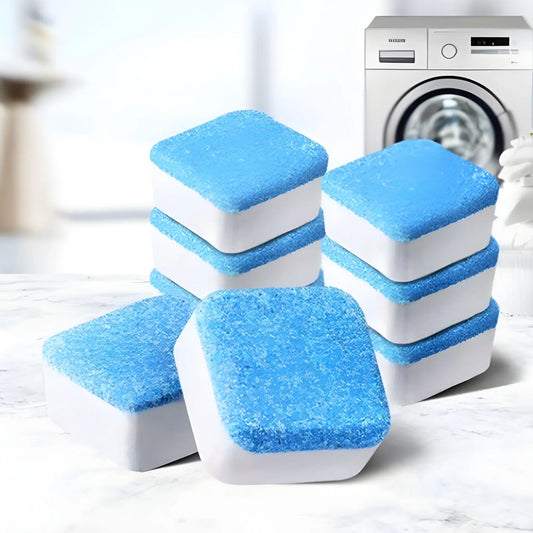 Blue washing machine cleaner tablets with white backing, stacked