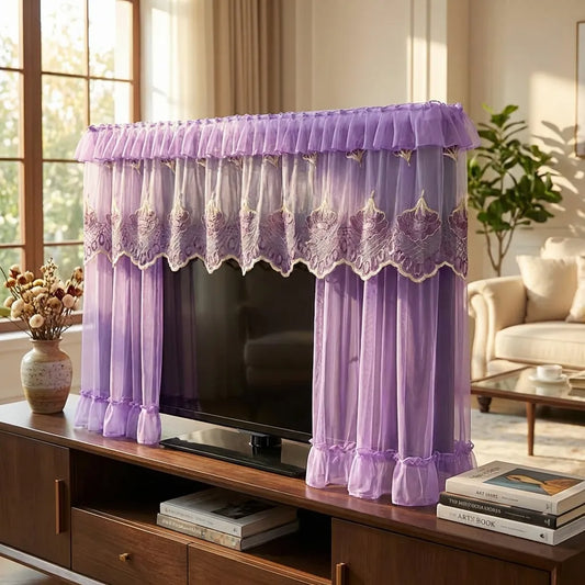 Purple sheer TV dustproof cover with scalloped lace trim and ruffled top valance.