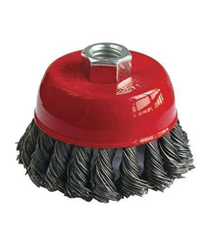 Twisted wire cup brush with red housing and steel bristles