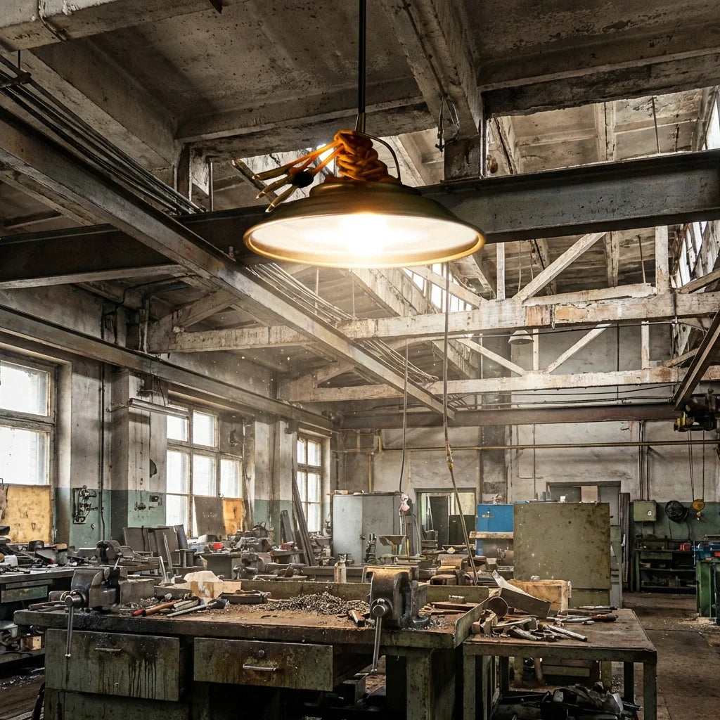 Hanging UFO LED ceiling light with circular metal shade and warm glow