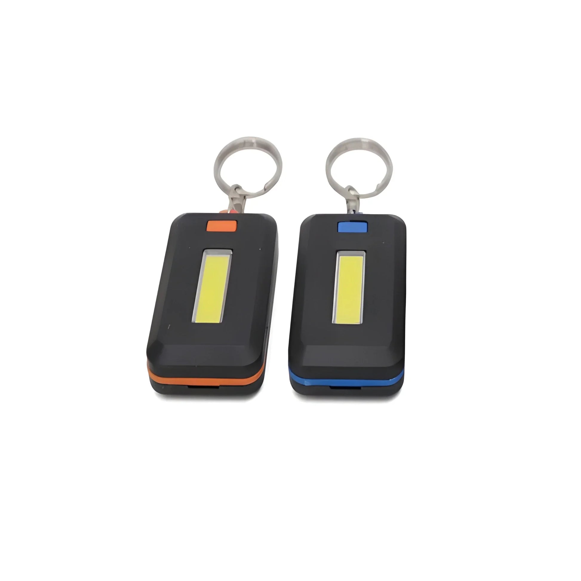 Keychain flashlight pair, black bodies with orange and blue accents, each with LED panel