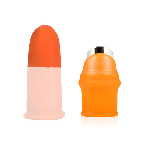 Orange and cream thumb-shaped cutter with smooth protective sleeve