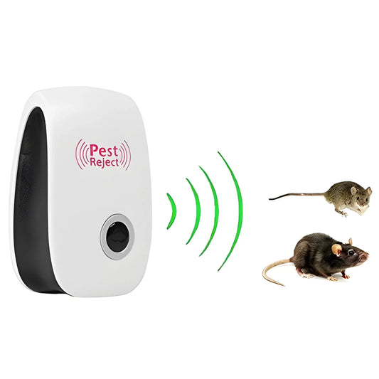 Ultrasonic pest repeller in white and black with sound-wave indicator
