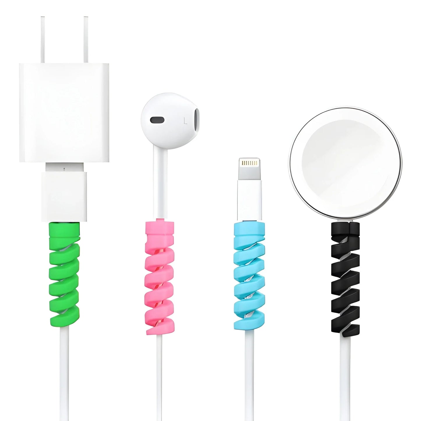 Set of color spiral cable protectors on charging cables with USB connectors