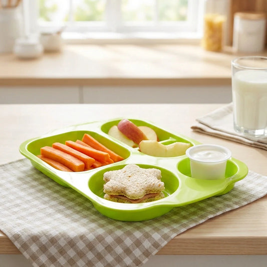 Divided unbreakable food plate with green sections and small sauce cups