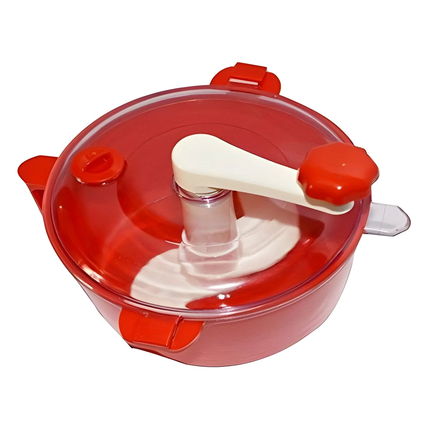 Red plastic dough maker bowl with lid, handles, and clear dough chute