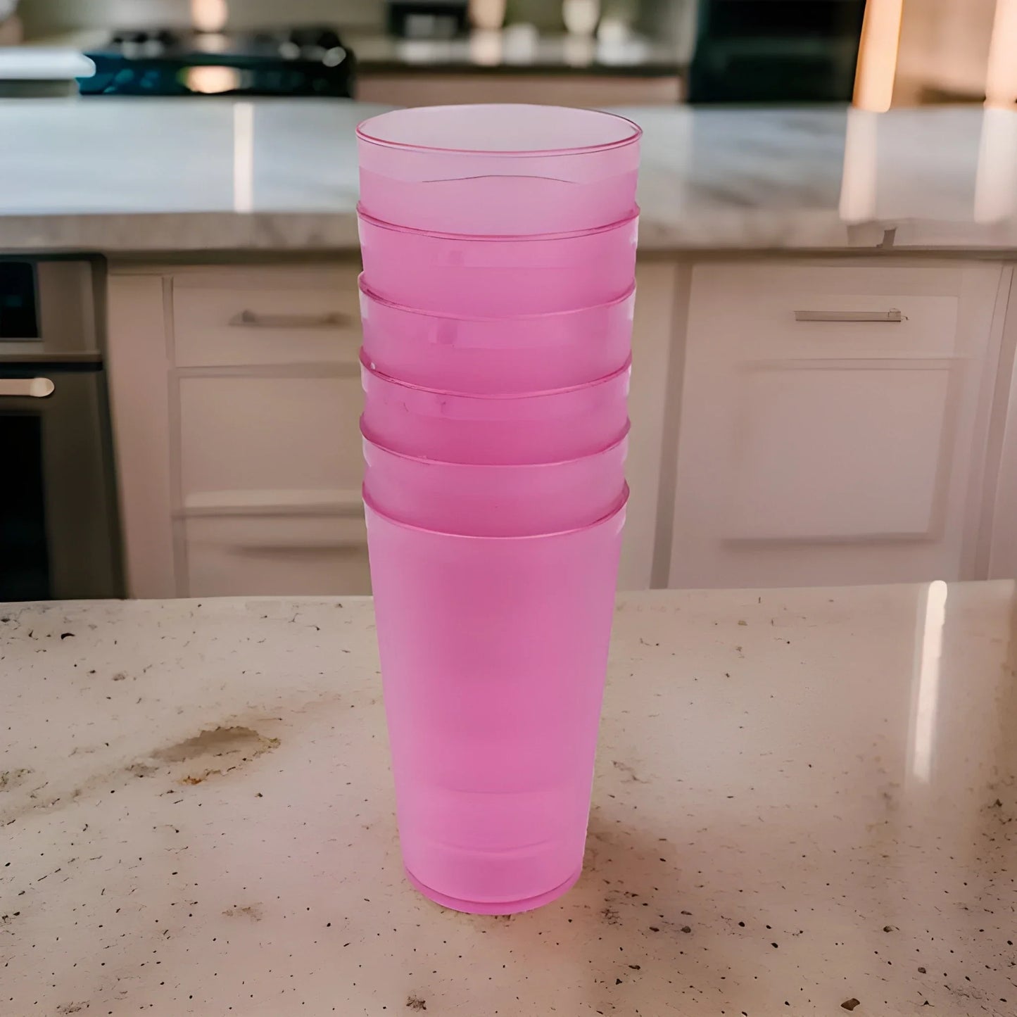Plastic drinkware set cups, stack of pink plastic cups