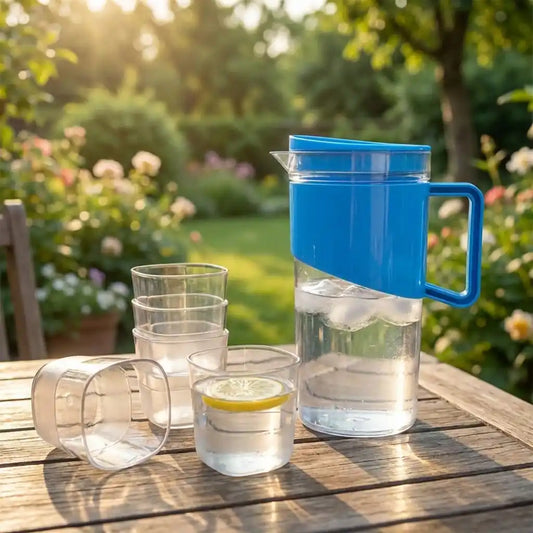 Blue unbreakable jug with lid and handle, with four clear drinking glasses