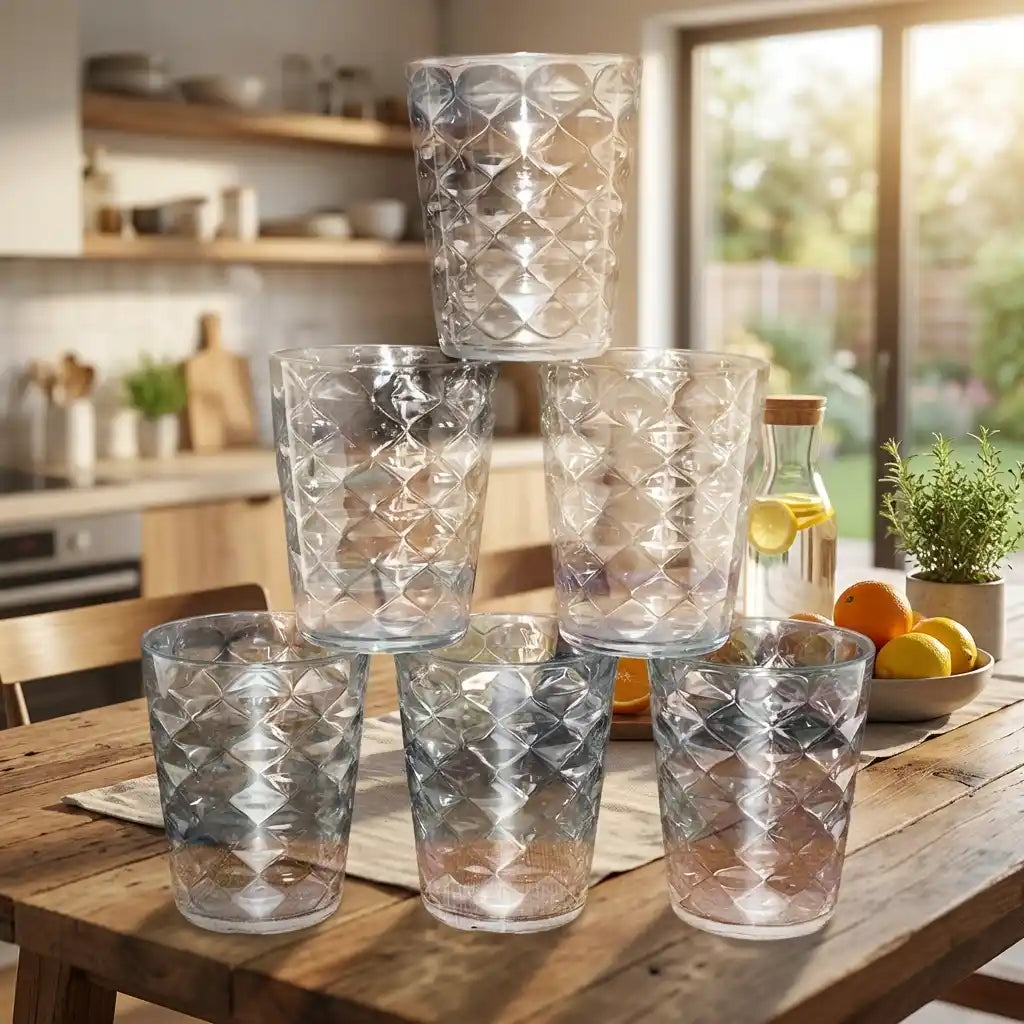 Pyramid-pattern drinking glass set, clear textured glass with raised diamond design