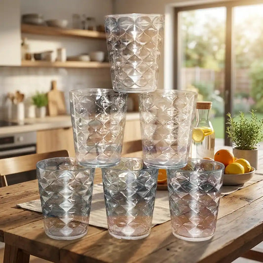 Pyramid-pattern drinking glass set, clear textured glass with raised diamond design