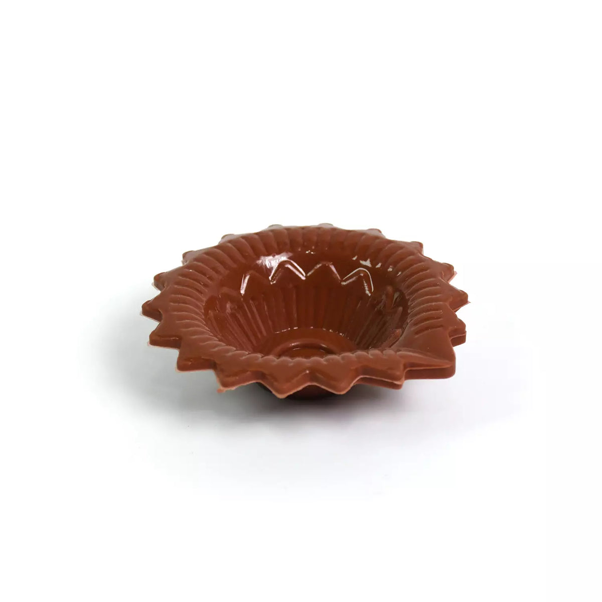 Brown silicone diya holder cup with ridged rim and shallow bowl