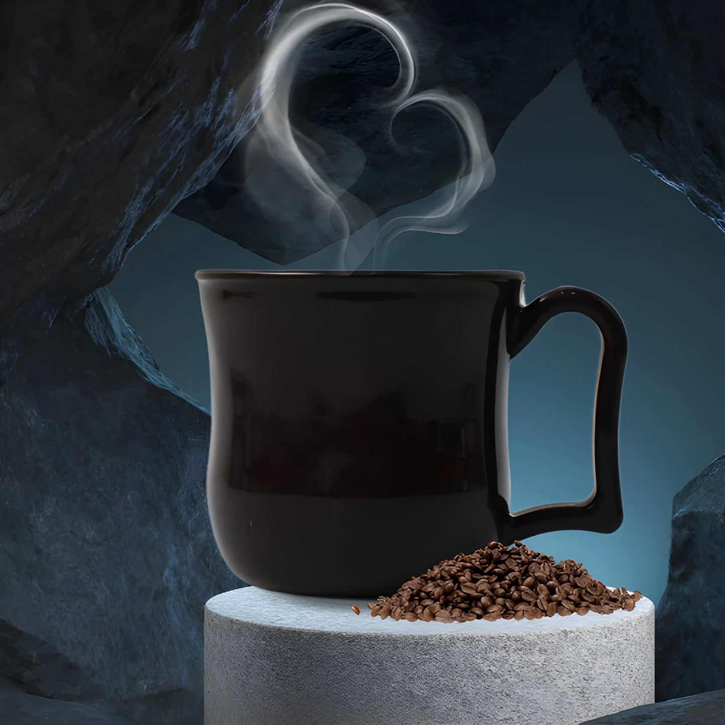 Black travel coffee mug with handle, lid closed, with coffee beans and steam