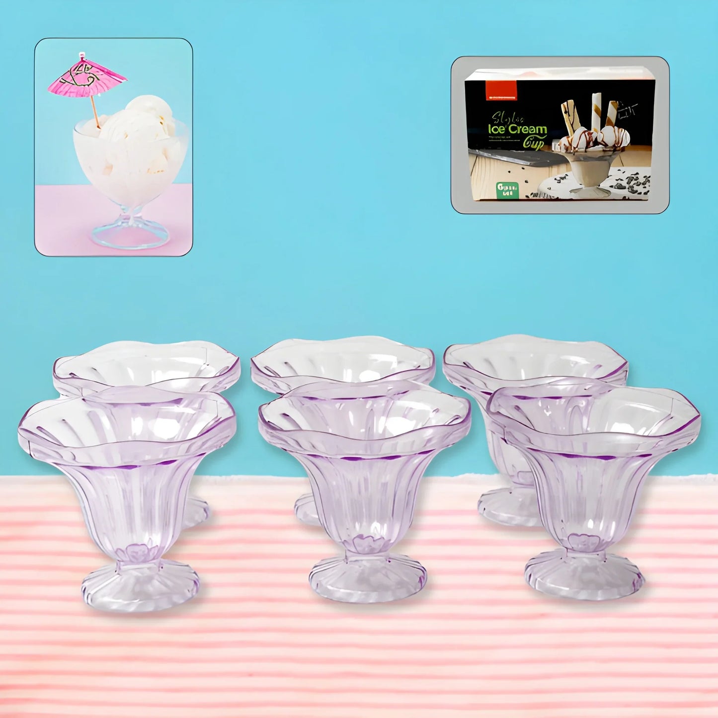 Clear glass tulip sundae bowls with purple rim accents, unbreakable set of 6