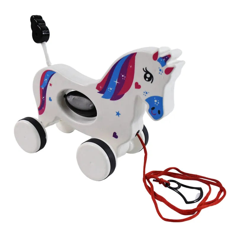 White unicorn pull-along toy with rainbow mane, four wheels, and red pull cord