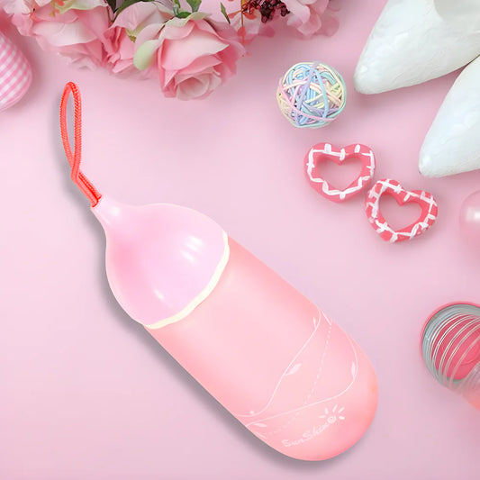 Pink plastic novelty water bottle in molded bikini shape with carry loop