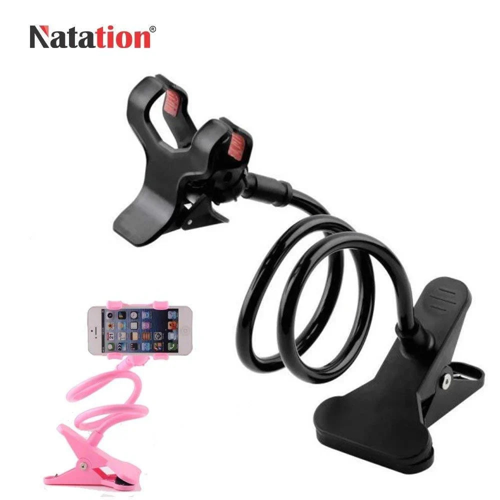 Car phone holder with black clamp base and dual adjustable arms, flexible cable.