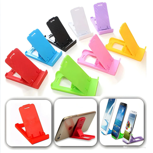 Foldable phone stand in assorted colors, collapsible triangular cradle with grip tabs