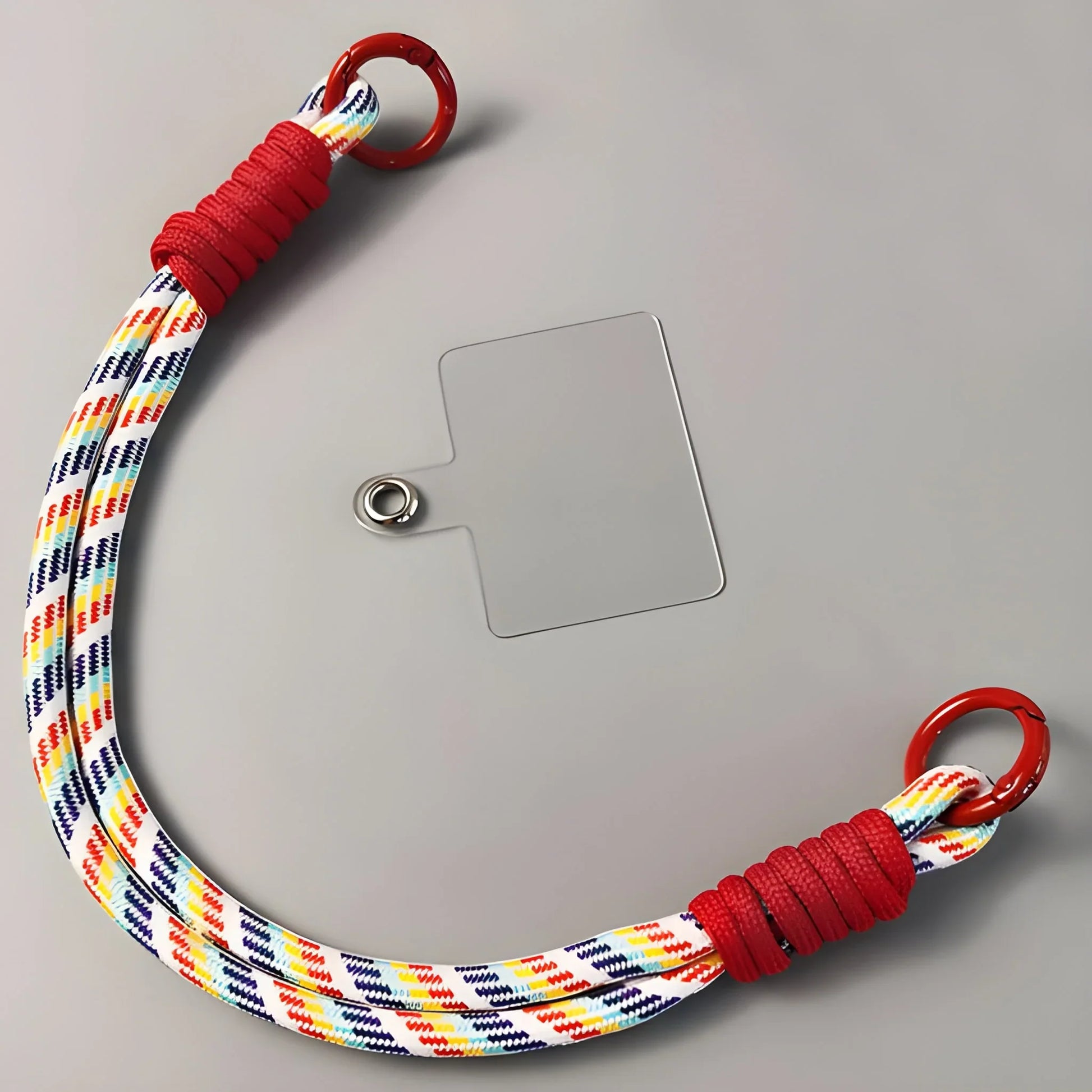 Universal smartphone lanyard with red elastic ends, multicolor woven strap, metal ring