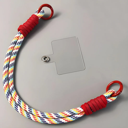Universal smartphone lanyard with red elastic ends, multicolor woven strap, metal ring