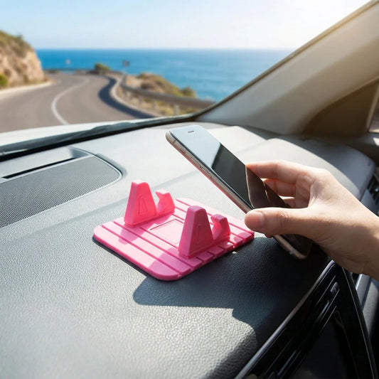Portable mobile holder stand, pink foldable base with supports for car dashboard