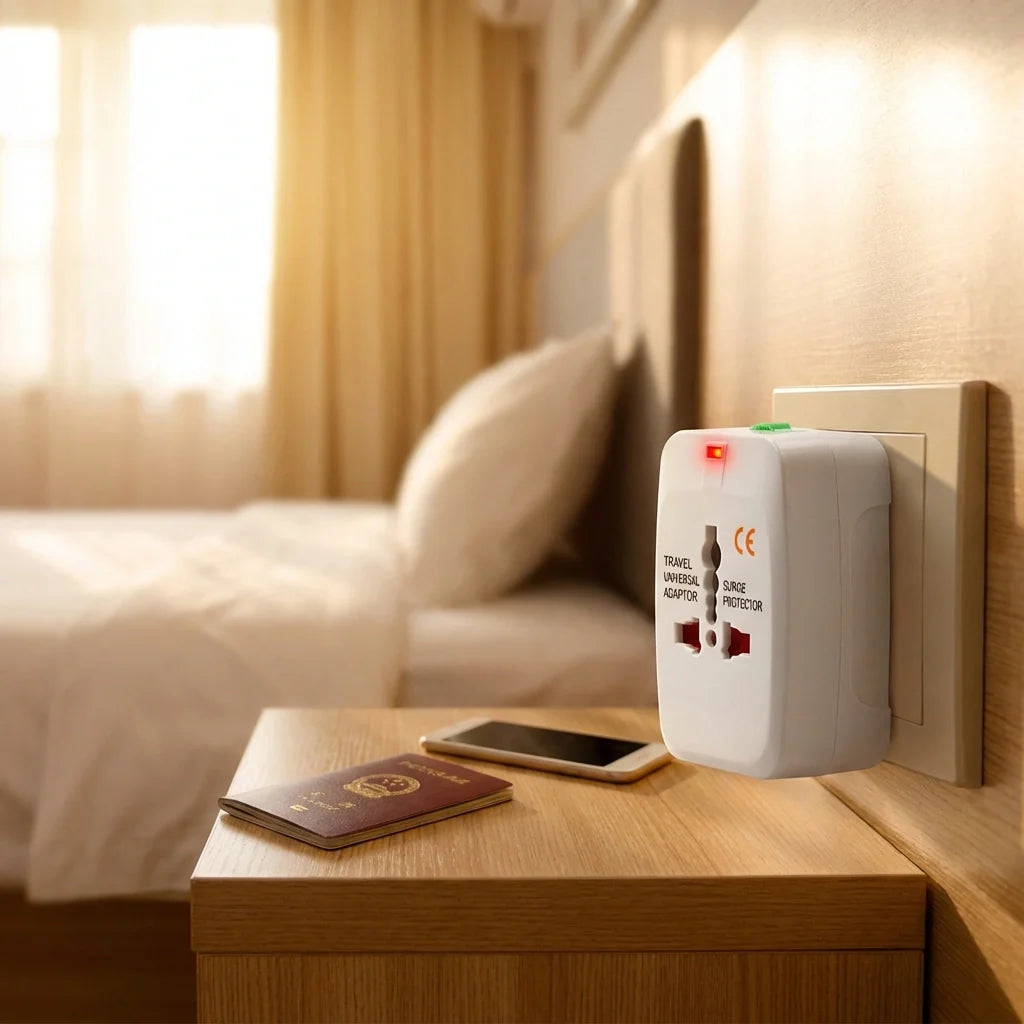Universal travel adapter plug with red and green indicator lights