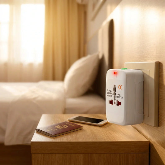 Universal travel adapter plug with red and green indicator lights