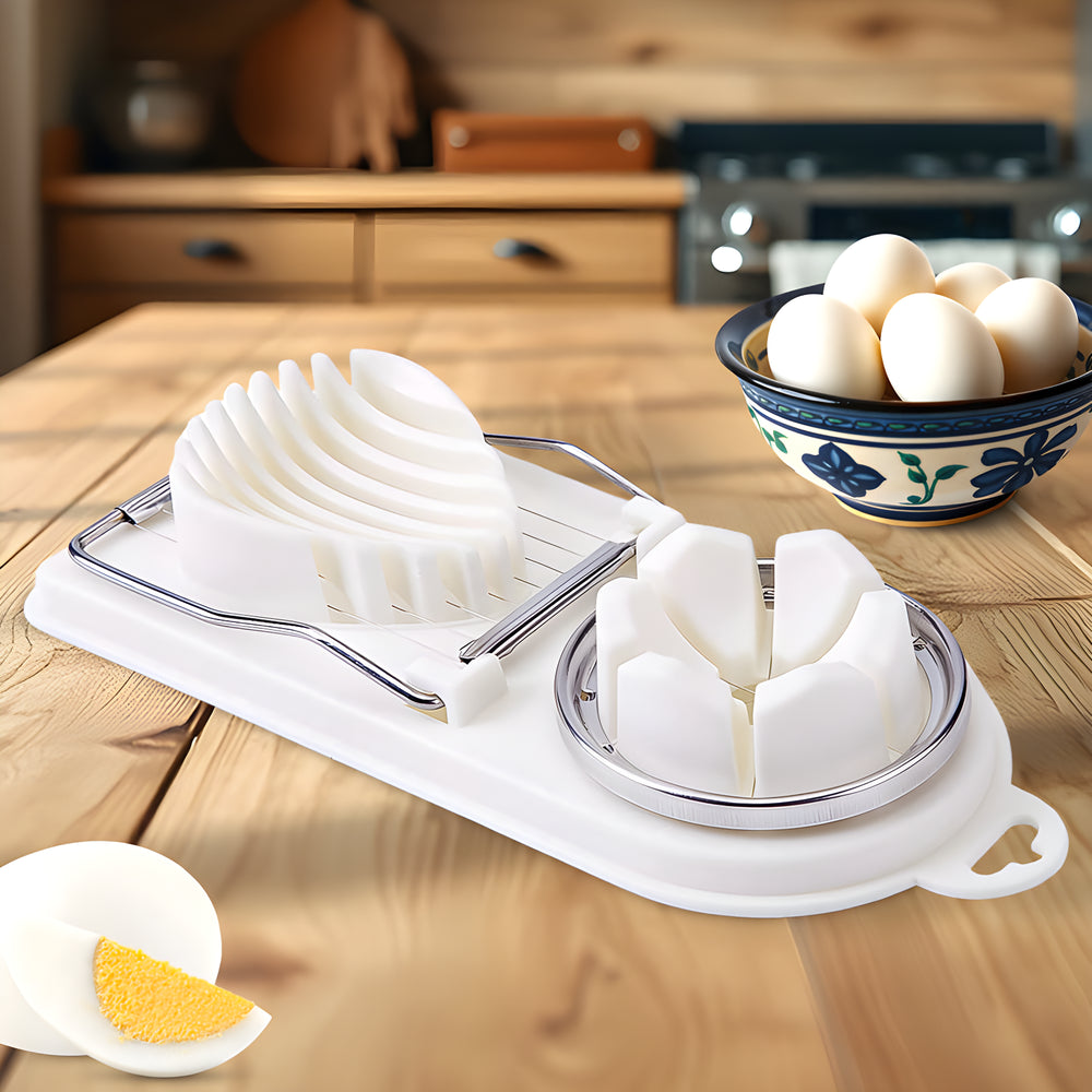 Stainless steel egg slicer with white base and curved wire cutting blades