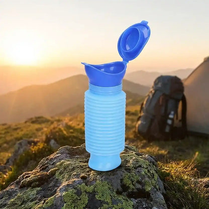 Blue foldable portable urinal bottle with open spout and cup-like rim