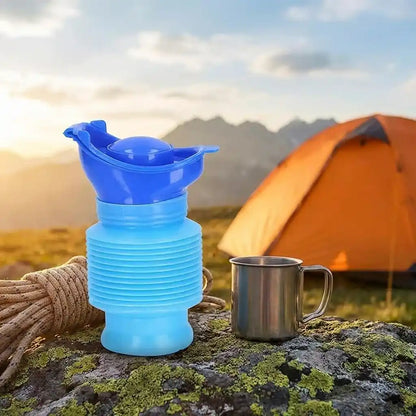 Blue foldable portable urinal bottle with open spout and lid resting on top