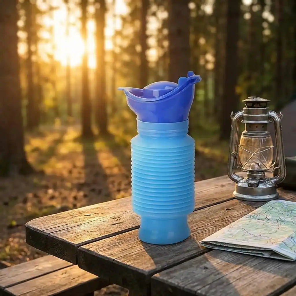 Blue foldable portable urinal bottle with open top on a wooden table
