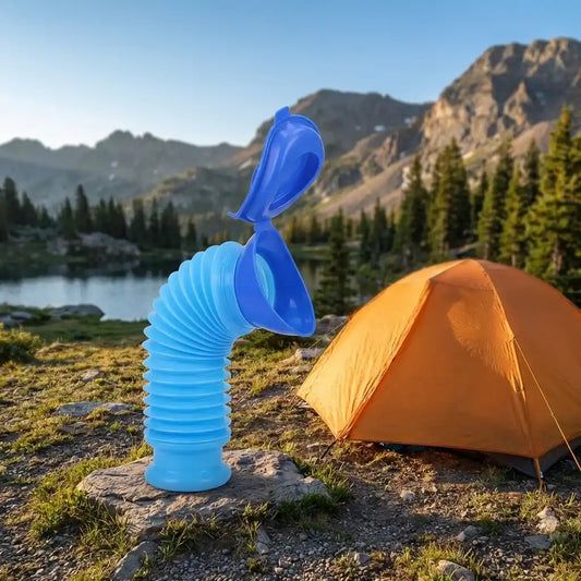 Blue foldable portable urinal bottle with open top and folded spout
