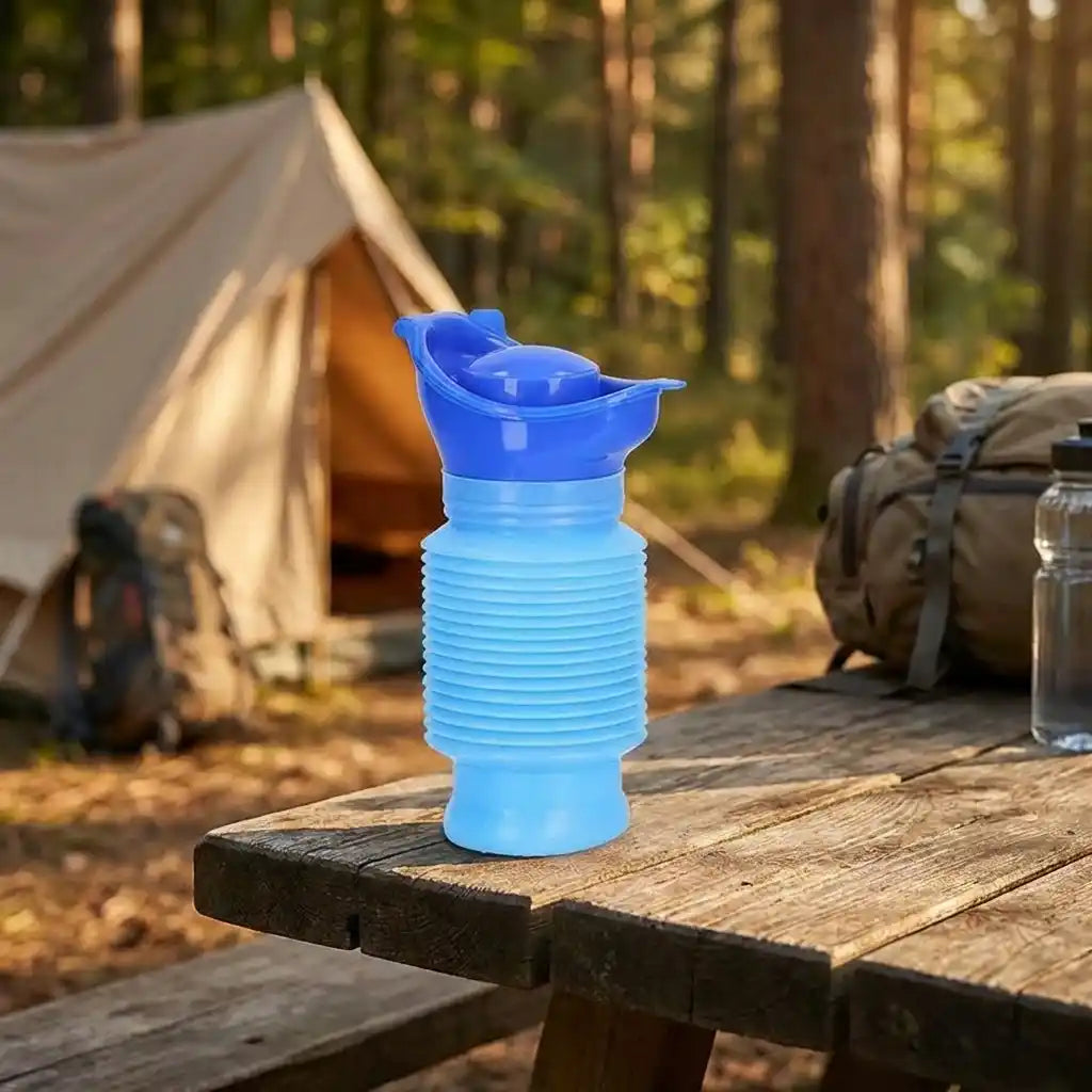 Blue foldable portable urinal bottle standing on a wooden surface, spout up