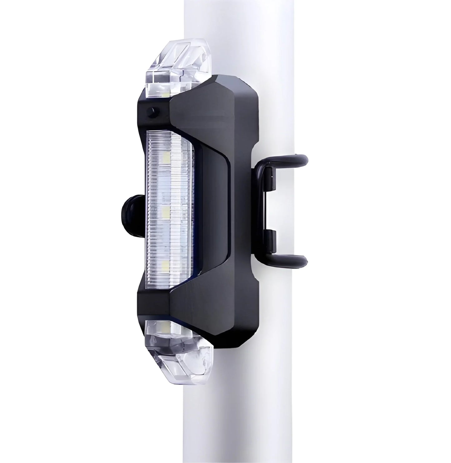 Black USB bike headlight with clear front lens, mounted bracket and light bar