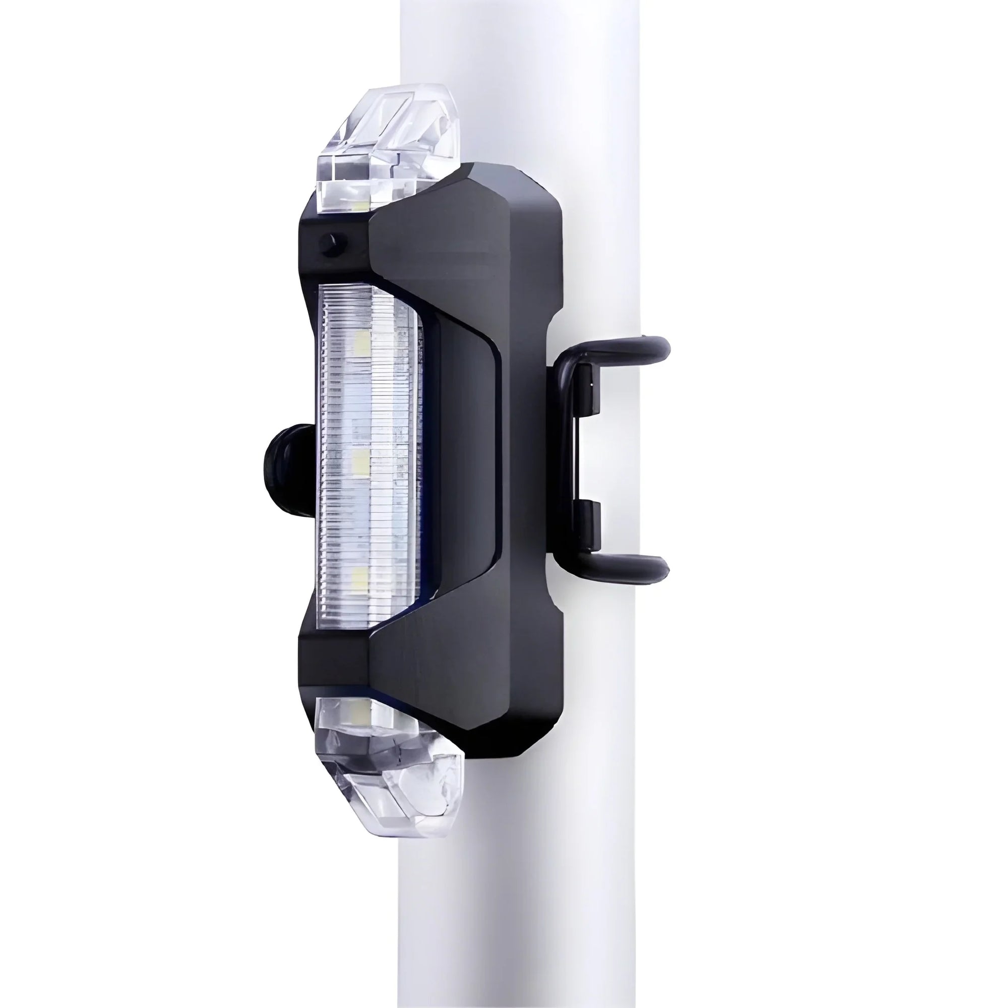 Black USB bike headlight with clear front lens, mounted bracket and light bar