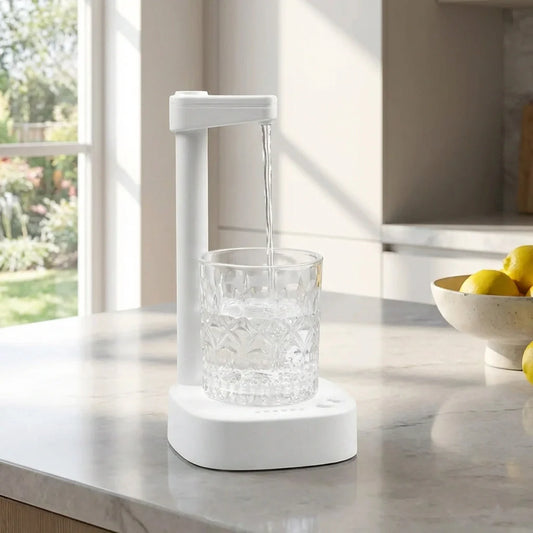 Desktop water bottle dispenser with clear cup and white base