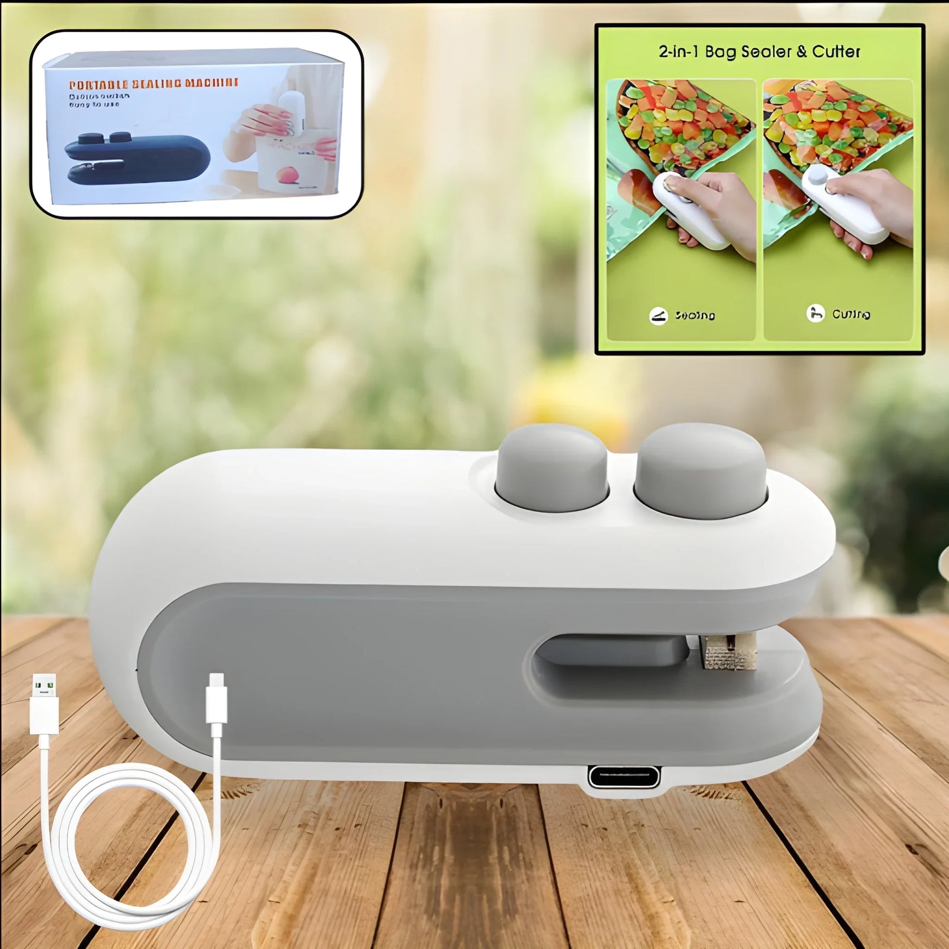 USB mini bag sealer with gray housing, white power cable, and sealing tray
