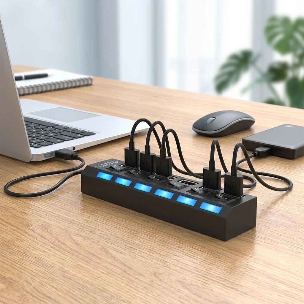 Black USB multi hub with blue-lit ports and several device plugs for laptops