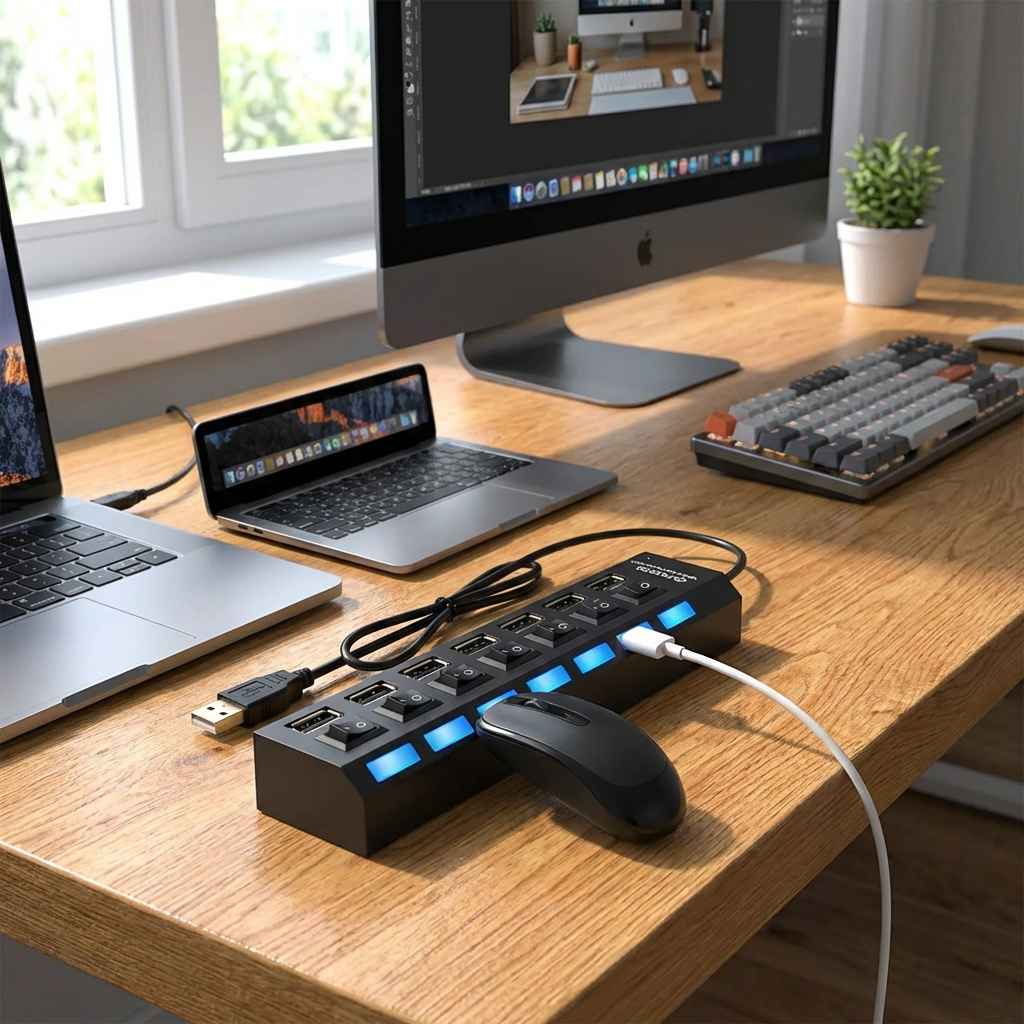 USB multi hub with blue LED ports and multiple connectors on a desk