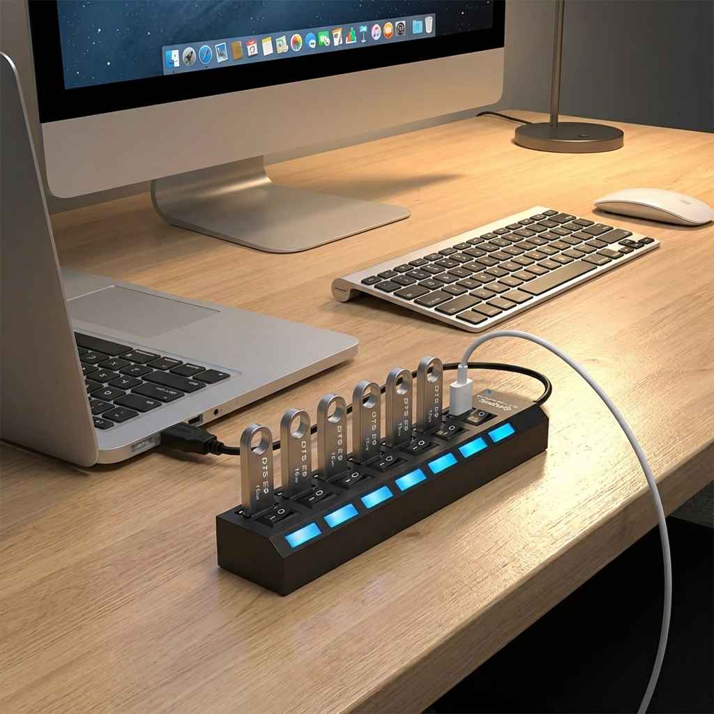 Black USB multi hub with blue LED bar and several USB ports beside keyboards