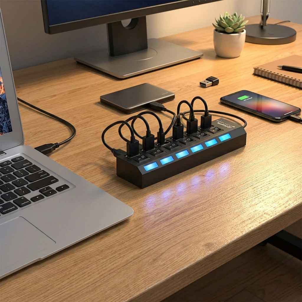 Black USB multi hub with multiple sockets and blue LED indicators on desk
