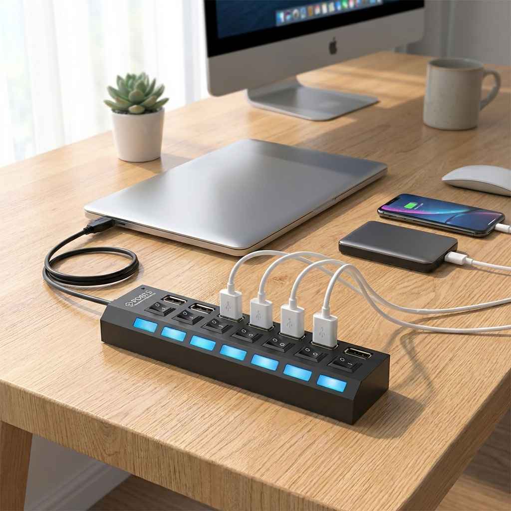 USB multi hub showing blue LED indicator bar and connected white cables