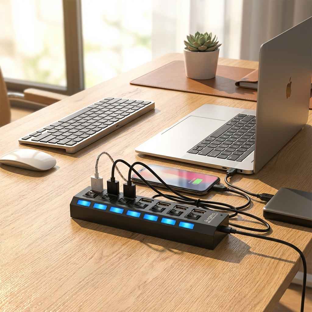 Black USB multi hub with blue LED ports connected to laptop devices