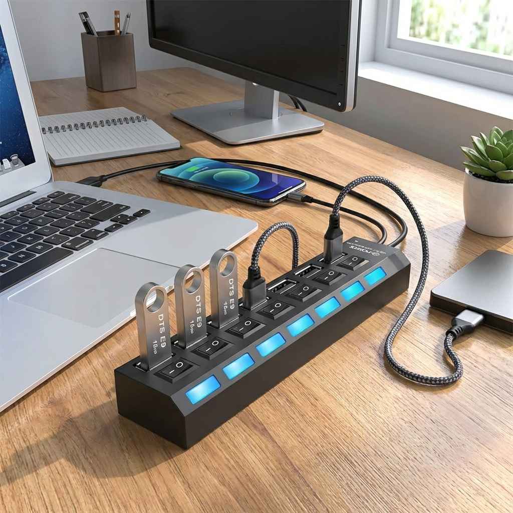 USB multi hub with black base, blue LED ports, and plugged-in device cables