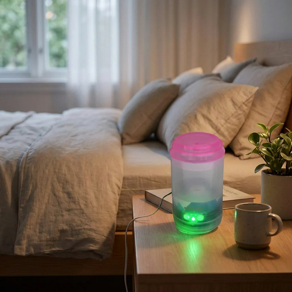 USB mini personal humidifier with pink translucent tank and glowing green light