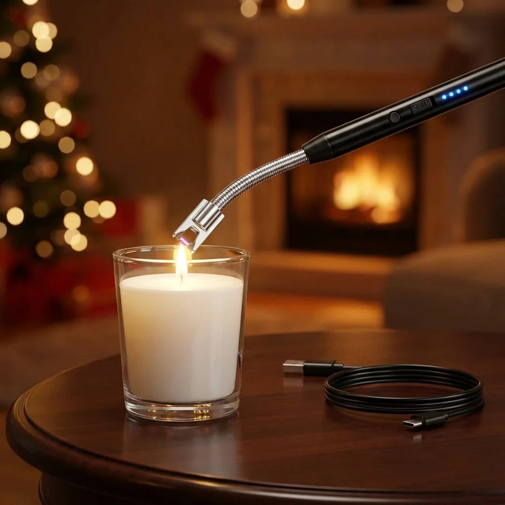 USB plasma lighter with blue flame tip, igniting a candle in a glass holder