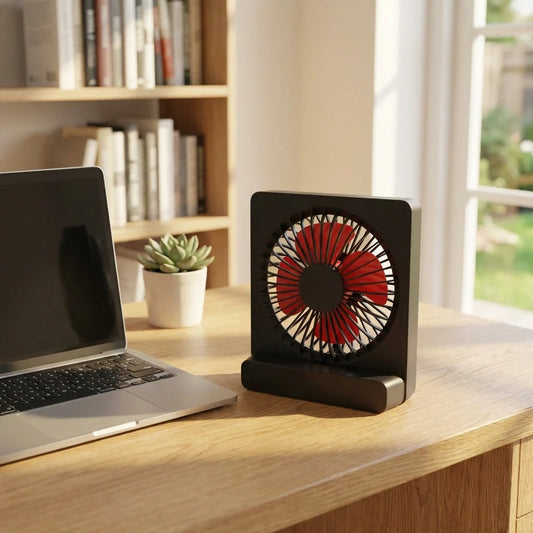 USB portable desk fan with black stand and red-blade grille