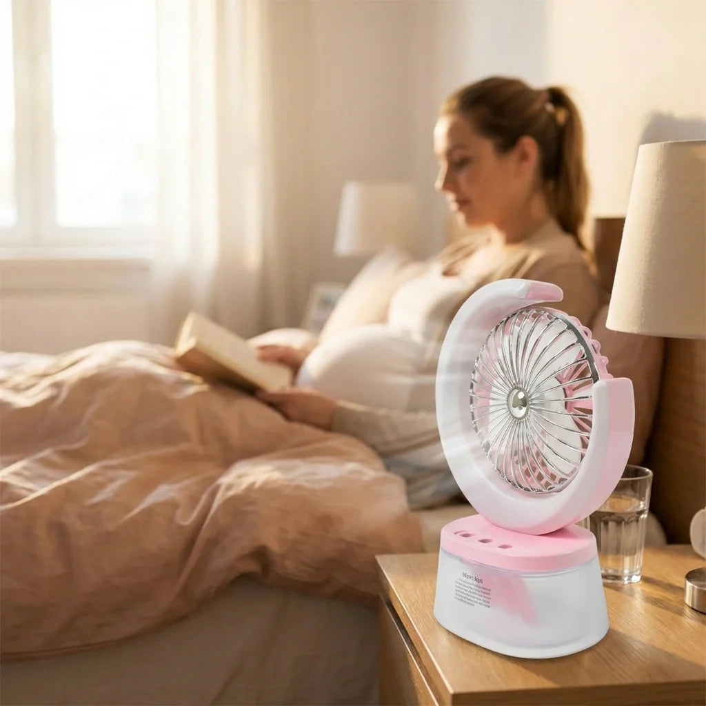USB rechargeable desktop fan with round front grille and base