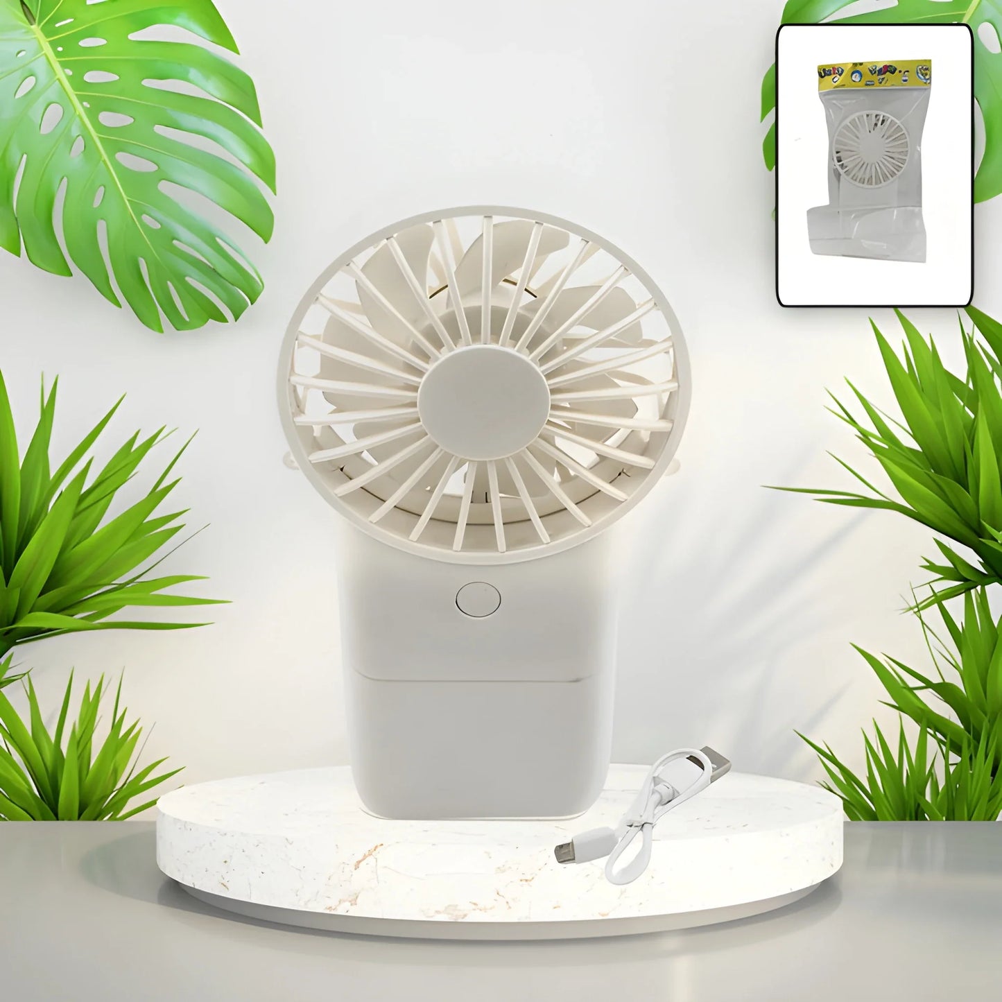 White USB rechargeable handheld fan with circular grille and compact base