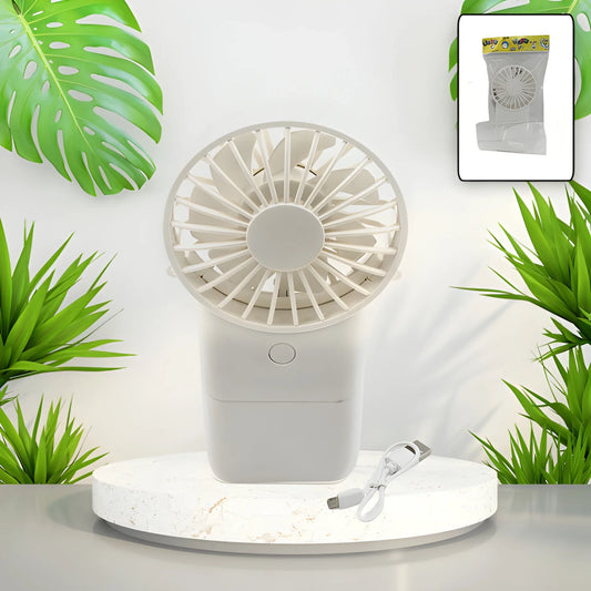 White USB rechargeable handheld fan with circular grille and compact base