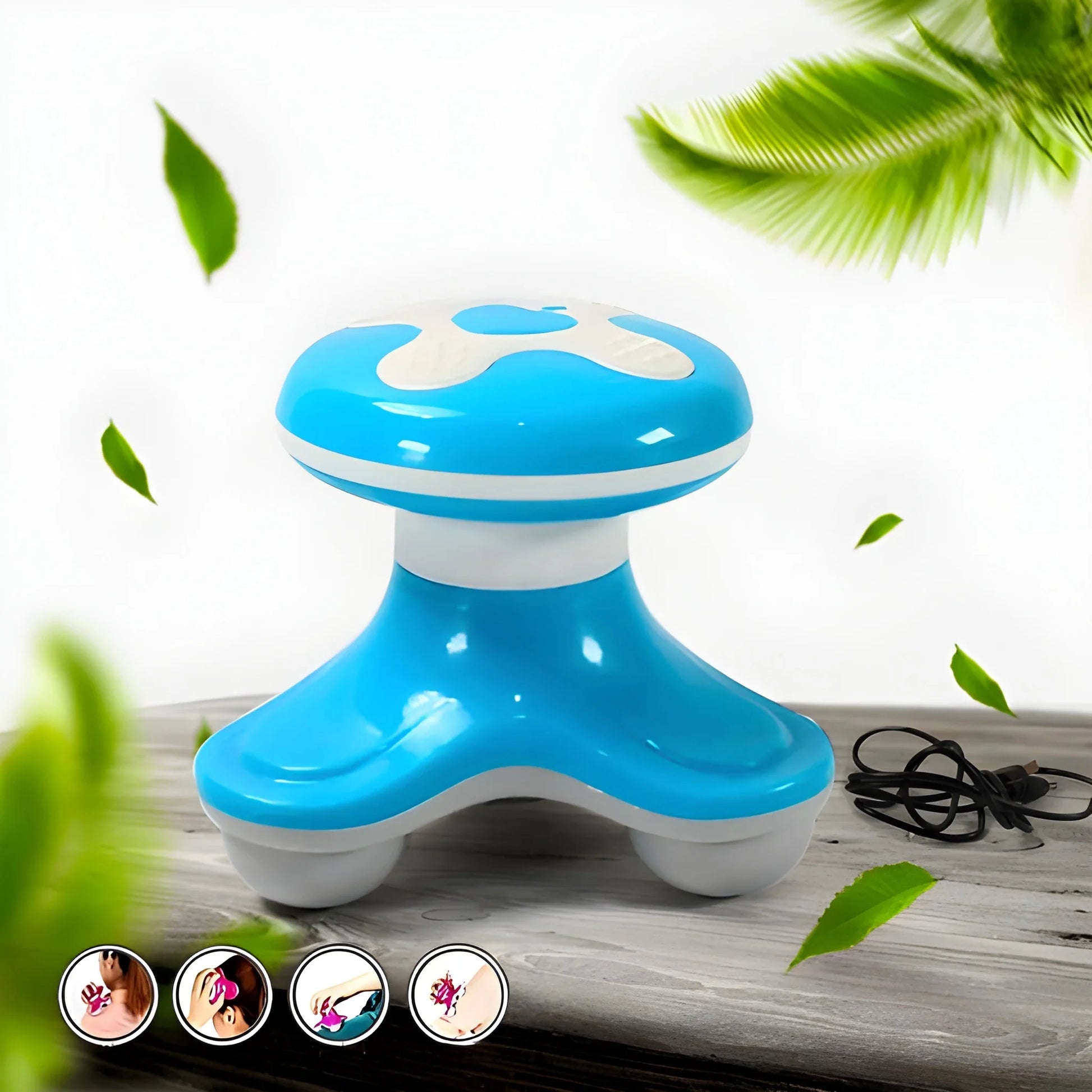 Blue USB rechargeable mini massager with three-leg base and round textured head
